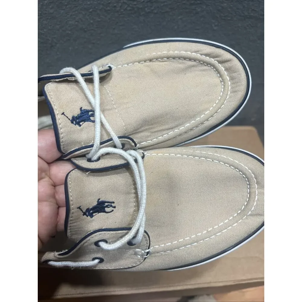 Polo Ralph Lauren Lander Boat Shoes Beige Canvas With Blue Pony Mens Size 12D